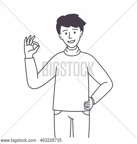 Man Character Showing Ok Positive Hand Gesture Outline Vector Illustration