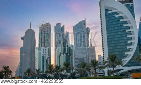 Doha,qatar- August 08,2022 : The Skyline Of Doha City Center During Evening.