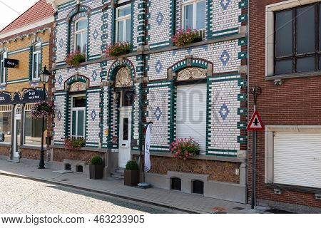 Oordegem, Lede,  East Flanders Region, Belgium - 07 15 2021 Old Market Square And Village Center