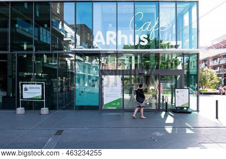 Roeselare, East Flemish Region - Belgium - 07 19 2021 Rectangular Entrance Of The Arhus Cultural Hou