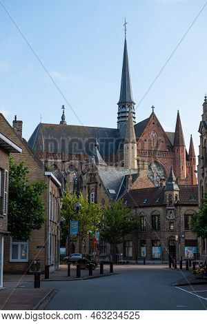 Veurne, West Flanders Region - Belgium - 07 18 2021 View Over The Streets And Historical Tower Of Ol