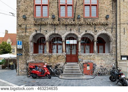 Veurne, West Flanders Region - Belgium - 07 18 2021 Facade Of The Chamber Of Commerce At The Old Mar