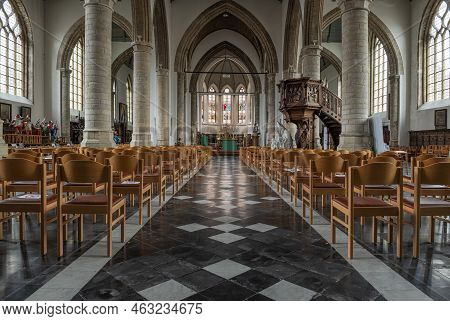 Veurne, West Flanders Region - Belgium - 07 18 2021 Interior Design Of The Gothic Church