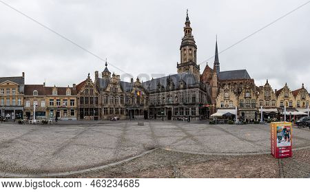 Veurne, West Flanders Region - Belgium - 07 18 2021 Extra Large Panoramic View Over The Old Market S