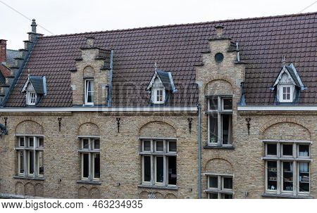 Ieper, West Flanders Region - Belgium - 07 15 2021 - Detail Of Traditional Roofs And Windows