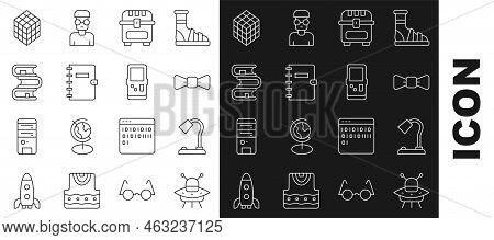 Set Line Ufo Flying Spaceship, Table Lamp, Bow Tie, Antique Treasure Chest, Spiral Notebook, Book, R