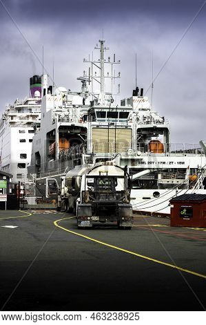 St Johns Newfoundland Canada, September 23 2022: Fuel Trucks Fuelling Cruise Ships And War Ships At 