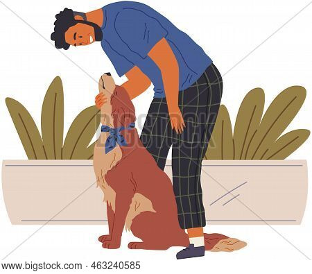 Pet Owner Male Character Plays With Dog Strokes His Fur With Hand. Caring For Four-footed Friend. Do
