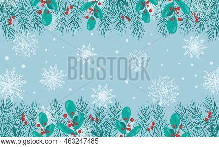 Beautiful Background With White Snowflakes And Berry Branches For Winter Design. Collection Of Chris