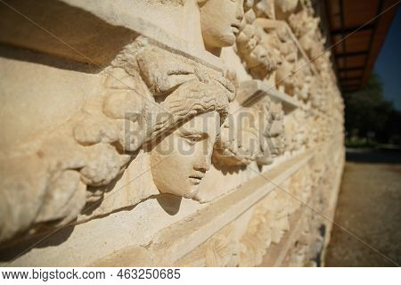 Ancient Mask Reliefs In Aphrodisias Ancient City In Geyre, Aydin, Turkiye