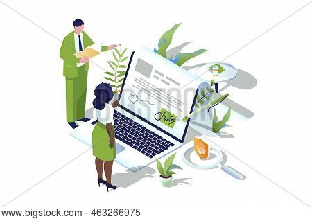 Electronic Contract Web Concept In 3d Isometric Design. People Make Business Deals And Sign Virtual 