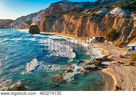 Beautiful Sunset View Of Fyriplaka Beach, Milos Island, Greece. Greek Vacations, Aegean Sea, Rocky L