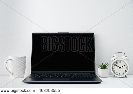 Office Or Home Workplace Interior With Wjite Background. Comfortable Office Work Space With Laptop, 
