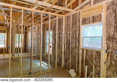 New Residential Under Construction Beams Framing Home Wooden Building Frame Structure On Constructio