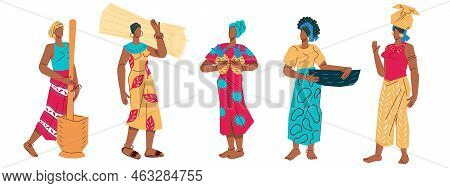 African Peasants Female Characters In Traditional Clothing Standing In Row. African Village Women Ch