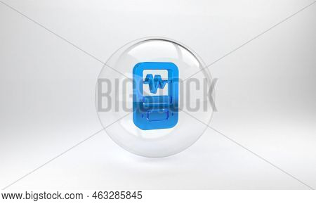 Blue Seismograph Icon Isolated On Grey Background. Earthquake Analog Seismograph. Glass Circle Butto