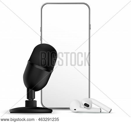 Podcast Icon. Audio Equipment With Microphone, Sound Headphones, Podcast Application On Mobile Smart