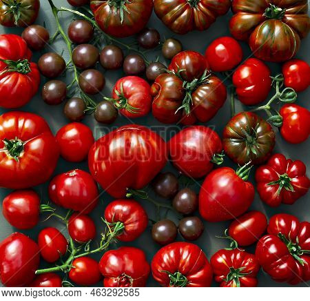 Colorful Tomatoes Of Different Sizes And Varieties, In Appearance, Are A Horizontal Composition. Bri