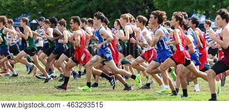 Bronx, New York, Usa - 8 October 2022: Side View Of The Start Of A Boys Cross Country Running Race W