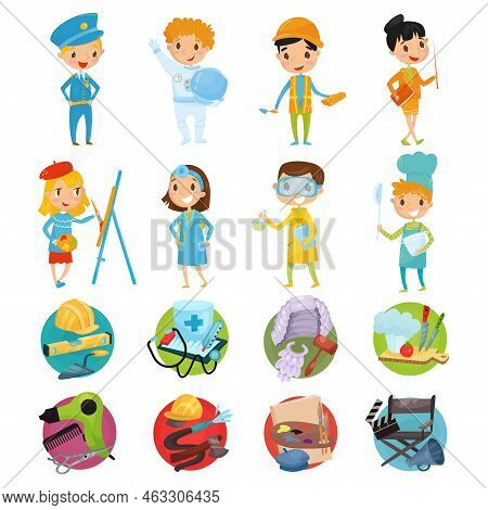 Kids Representing Different Profession Wearing Uniform And Professional Tool Kit Big Vector Set