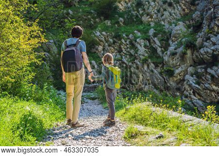 Family Travel - Father And Son Hiking In Mountains Of Montenegro, Kotor