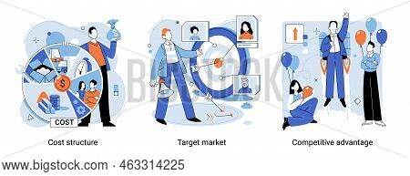 Metaphor Set Of Business Marketing Vector Illustration. Cost Structure, Target Market, Conpetitive A