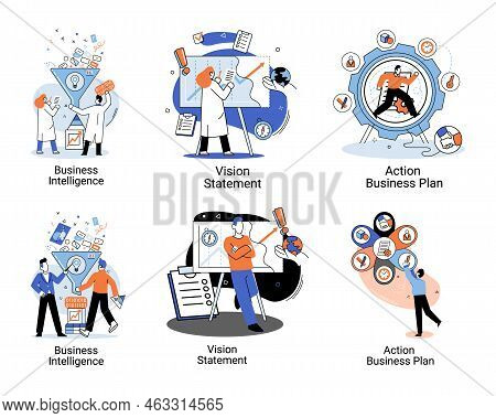Business Intelligence Action Business Plan. Strategic Planning Automation Process. Mission Rules Vis