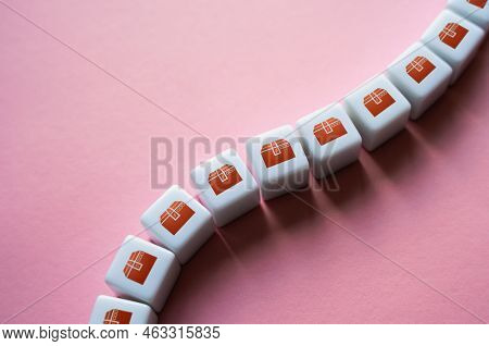 Chain Of Boxes Of Goods. Mass Production, Conveyor. Delivery Of Parcels And Orders. Trading Traffic.
