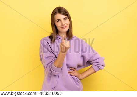 Come Here. Portrait Of Attractive Woman Making Beckoning Gesture, Inviting To Come, Flirting, Lookin