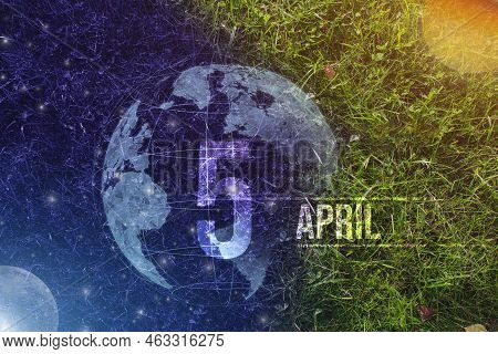 April 5th. Day 5 Of Month, Calendar Date. Day To Night Background Concept. Scene With Globe The Gree