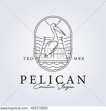 A Pelican Standing In Beach Bridge In Line Art Logo Vector Illustration Design, Badge Insignia Logo