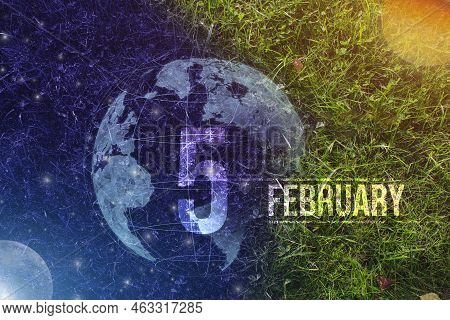 February 5th. Day 5 Of Month, Calendar Date. Day To Night Background Concept. Scene With Globe The G