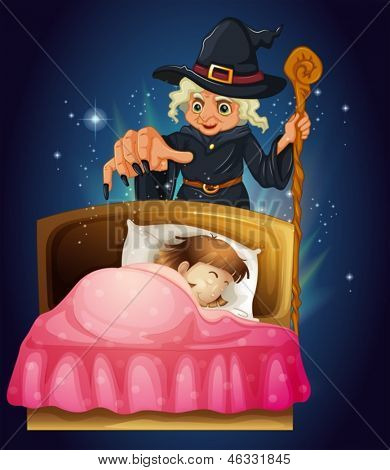 Illustration d'une jeune fille dormant avec une sorcière à l'arrière