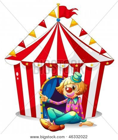  palhaço sentado em frente uma tenda de circo vermelho em um fundo branco