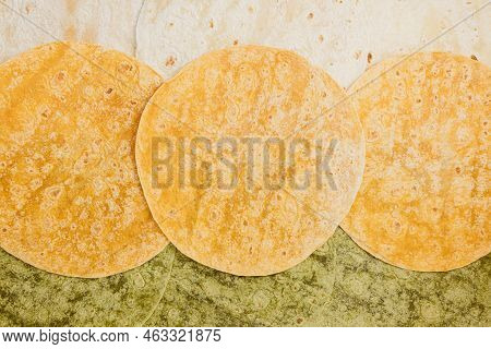 Tomato, Spinach Flavored And Plain Wheat Tortilla Wraps. Spanish Or Mexican Unleavened Flatbread Fro