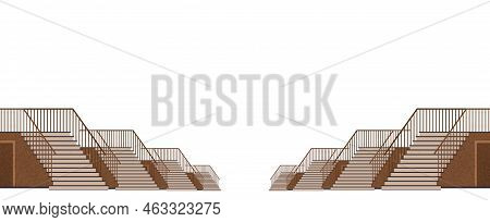 Interior Design Scene With Stairs And Door. Staircase At Entrance To House. Corridor Or Hall Of Buil