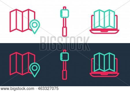 Set Line Location Of The Forest In Laptop, Map And Marshmallow Stick Icon. Vector