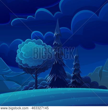 Forest Glade With Plants And Trees At Night. Dark Wild Wood Background, Mysterious Place Scenery. Ni