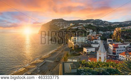 Camara De Lobos Village At Sunset, Cabo Girao In Background, Madeira Island, Portugal