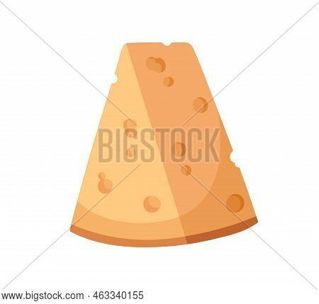 Cheese With Holes, Cut Triangle Piece Of Holland Dairy Snack. Swiss Porous Food. Fresh Maasdam. Flat