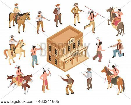 Isometric Wild West Elements Set With Horsemen Indians And Saloon Building Vector Illustration
