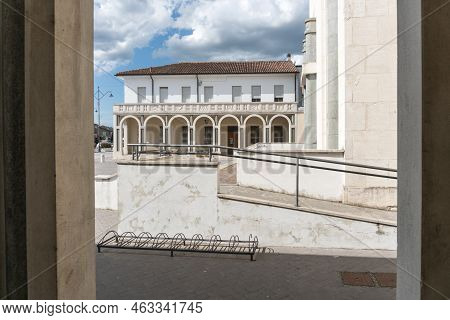 Tresigallo,italy-may 2, 2021:detail Of The Porch In Tresigallo During A Cloudy Day
