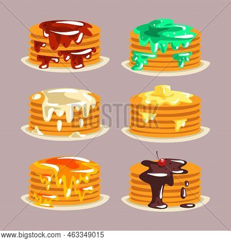 Pile Of Sweet Pancakes Poured With Honey, Cream And Chocolate On The Top Vector Set
