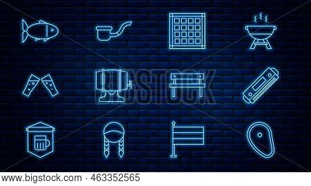 Set Line Steak Meat, Harmonica, Checkered Napkin, Wooden Barrel Rack, Glass Of Beer, Fish, Bench And