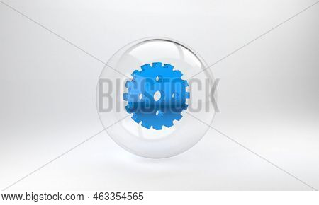 Blue Bicycle Sprocket Crank Icon Isolated On Grey Background. Glass Circle Button. 3d Render Illustr