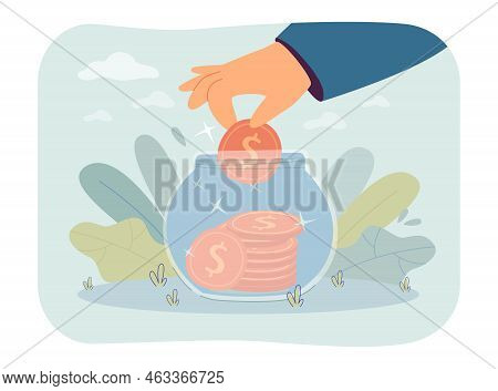 Hand Putting Dollar Coin In Glass Jar. Bank Investing And Saving By Person Flat Vector Illustration.