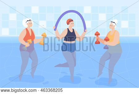Senior Women Exercising With Dumbbells In Swimming Pool. Aged Persons Doing Exercises In Water Flat 
