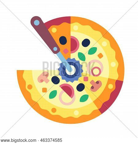 Pizza Slice With Cutter Knife Icon In Flat Design