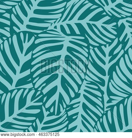 Abstract Seamless Dark Teal Background. Calathea Orbifolia Leaves Pattern. Organic Shapes Tropical P
