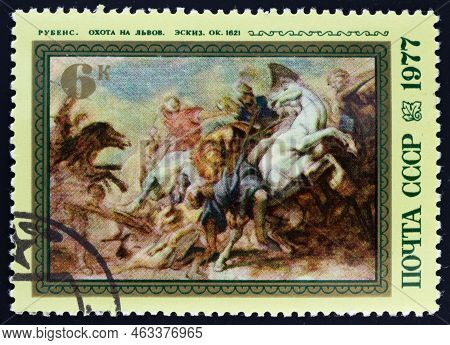 Ussr - Circa 1977: Postage Stamp 'lion Hunt, Peter Paul Rubens,1621' Printed In Ussr. Series: '400 Y
